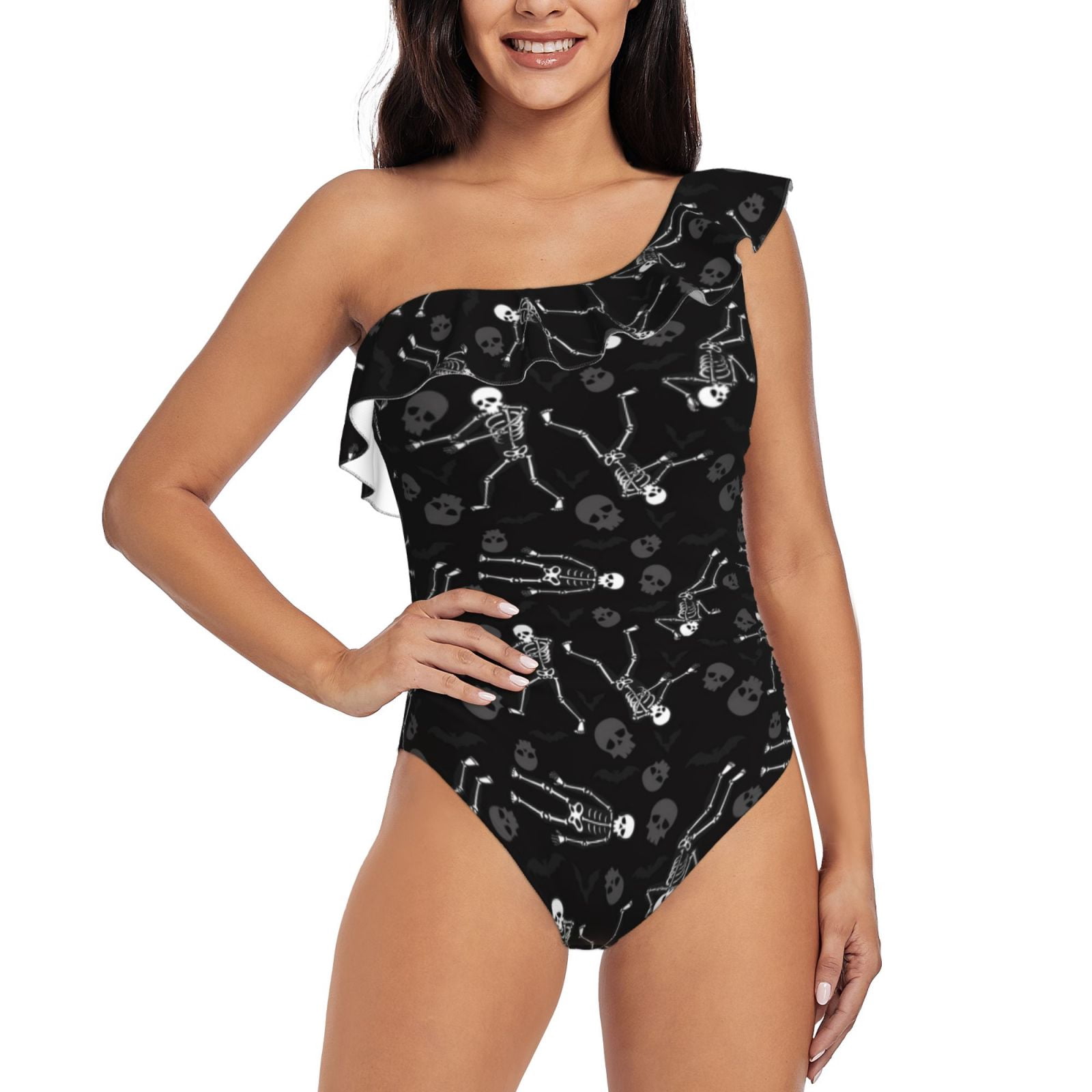 Cauagu Cute Skull Print Women's Sexy One Piece Swimsuits One Shoulder