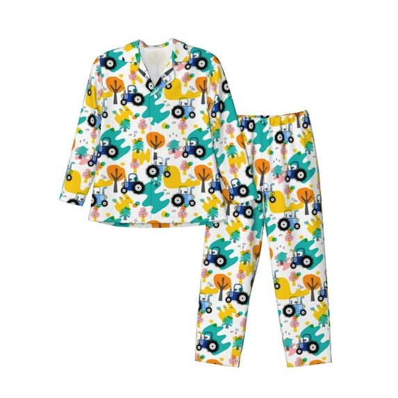Cauagu Cute tractor and vehicle Print Men's Long-Sleeve Pajama Set,Soft Button-Front 2Pjs for Men Long Sleeve Men’s Sleepwear-Medium