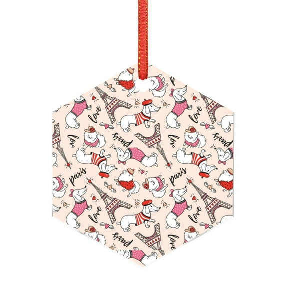 Cauagu Dachshund And Eiffel Tower Pattern Acrylic Christmas Pendant,1-Pack Christmas Ornaments Xmas Tree Decor Christmas Décor with Ribbon Cute Tree Hanging for Party Favors-Hexagon