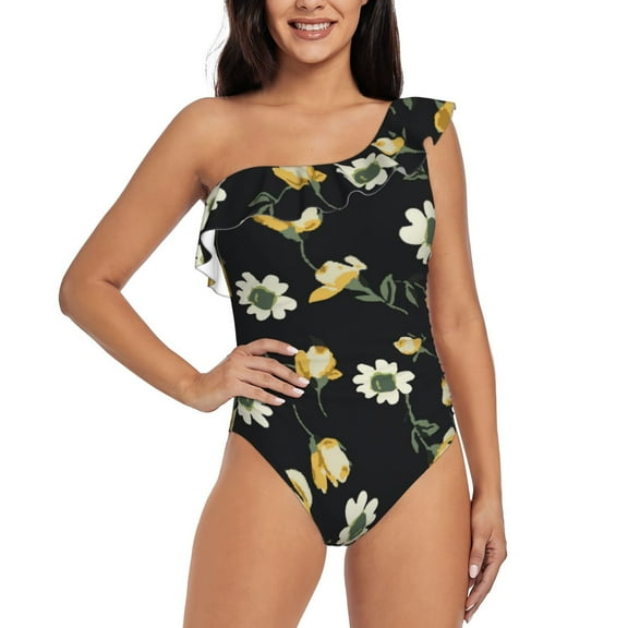 Cauagu Daisy Print Women's Sexy One Piece Swimsuits One Shoulder Ruffle Tummy Control Bathing Suit Slimming Swimwear-Medium