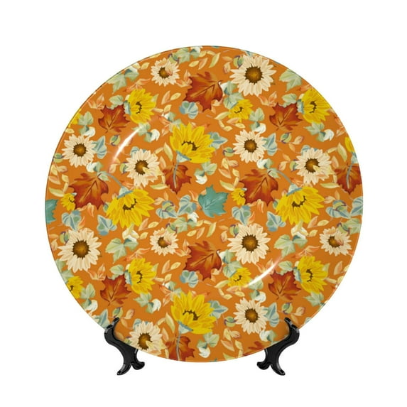 Cauagu Daisy maple fall Print Bone China Decorative Plate, Wall Mount Plate Holiday Decor Decorative Ceramic Plates with Stand Elegant Household Plates Decorative-7in