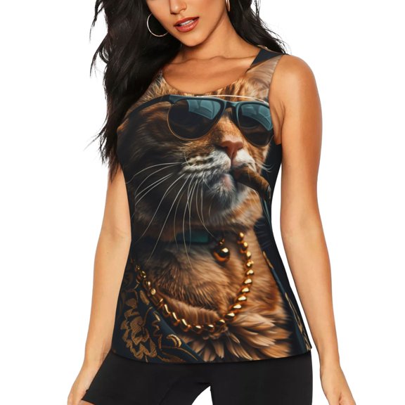 Cauagu Dapper Cat in Sunglasses for Women's Workout Tank Tops Sleeveless Running Loose Athletic Top Fit Yoga Tops Active Shirts Gym Exercise-Small