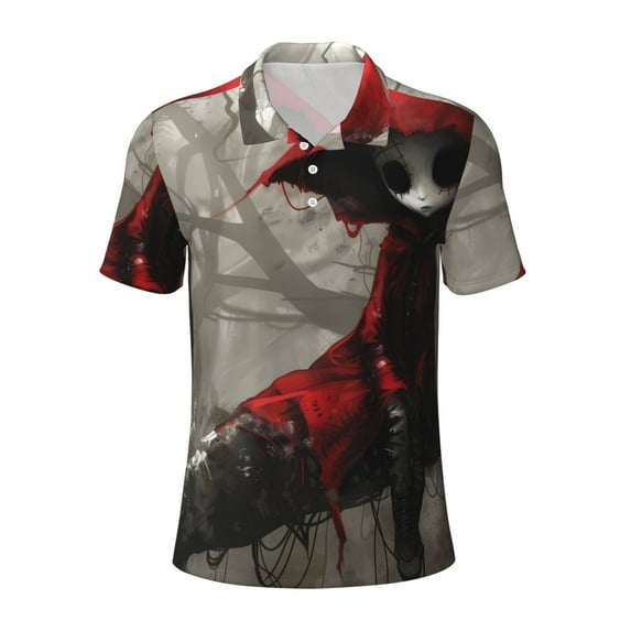 Cauagu Dark Red Hooded Girl Print Men's Polo Shirts, Short-Sleeve Polo Shirts for Men Performance Golf Shirt Athletic Casual Collared T-Shirt-X-Large