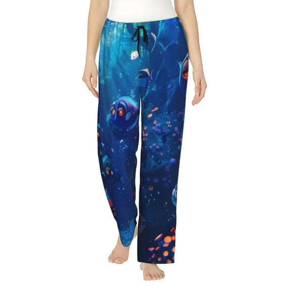 Cauagu Deep Sea Glowing Fishes Pajama Pants for Women Loose Fit Wide Leg Trouser Pants Casual Elastic Waist Drawstring Lounge Pants