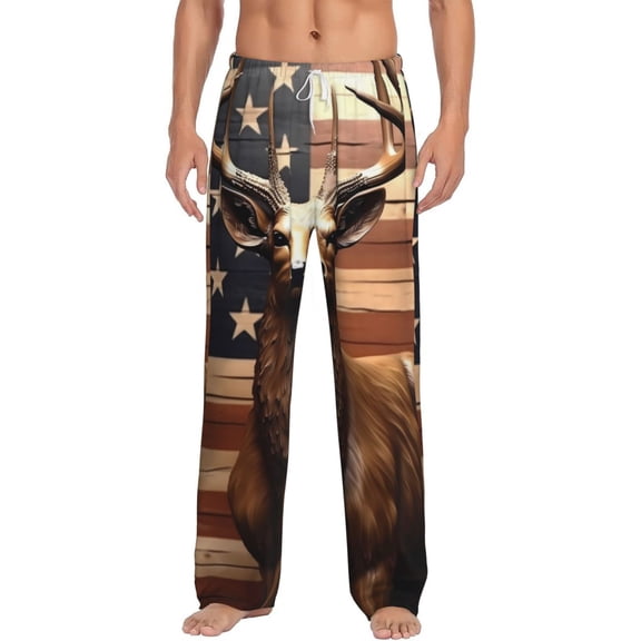 Cauagu Deer American Flag Vintage Mens Pajama Pants Sleep & Lounge Pants,PJ Bottoms with Pockets-X-Large