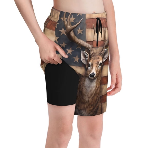 Cauagu Deer American Flag Wall Print Swim Trunks for Men,Youth Boys Swim Shorts Compression Liner Beach Shorts Boys' Swimming Shorts 7-20 Years Bathing Suit-Small
