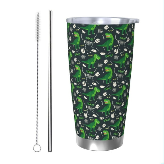 Cauagu Dinosaur and Bone Pattern 20oz Tumbler,Stainless Steel Vacuum Insulated Tumbler with Lid Insulated Coffee Mug Thermal Cup with Splash Proof Sliding Lid-Straw Two-piece Set