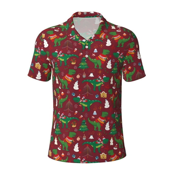 Cauagu Dinosaur Christmas Print Men's Polo Shirts, Short-Sleeve Polo Shirts for Men Performance Golf Shirt Athletic Casual Collared T-Shirt-Medium