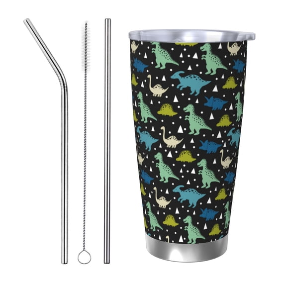 Cauagu Dinosaur Pattern 20oz Tumbler,Stainless Steel Vacuum Insulated Tumbler with Lid Durable Insulated Coffee Mug Thermal Cup with Splash Proof Sliding Lid-Straw Three-piece Set