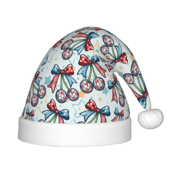 Cauagu Disco Ball Cherry With Bow Pattern Christmas Hat for Kids,Xmas Holiday Hat Santa Hat for Boys & Girls Festive Headwear Accessories for Christmas/New Year/Holiday