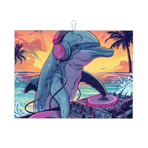Cauagu Dish Drying Mat,24*18 inch Absorbent Dish Drainer Kitchen Counter,Dish Drying Pad for Countertops,Sinks,Draining Racks( Hip-Hop DJ Dolphin)