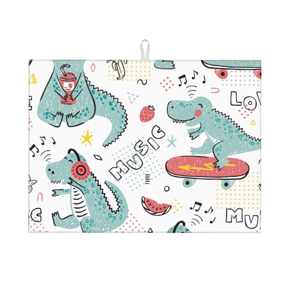 Cauagu Dish Drying Mat,24*18 inch Absorbent Dish Drainer Kitchen Counter,Dish Drying Pad for Countertops,Sinks,Draining Racks( Music Lover Dinosaur)