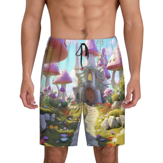 Cauagu Dreamy Mushroom House Print Pajama Bottoms for Men Sleep Pajama Shorts Elastic Waistband Sleep Pajama Short Men's PJ Shorts -Medium