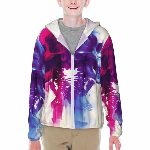 Cauagu Dual Skulls Colorful Fusion Print Sun Protection Jacket for Teen,Full-Zipper Long Sleeve Sun Shirts with Pockets UV Hoodie Shirts Outdoor Athletic Jacket-Large