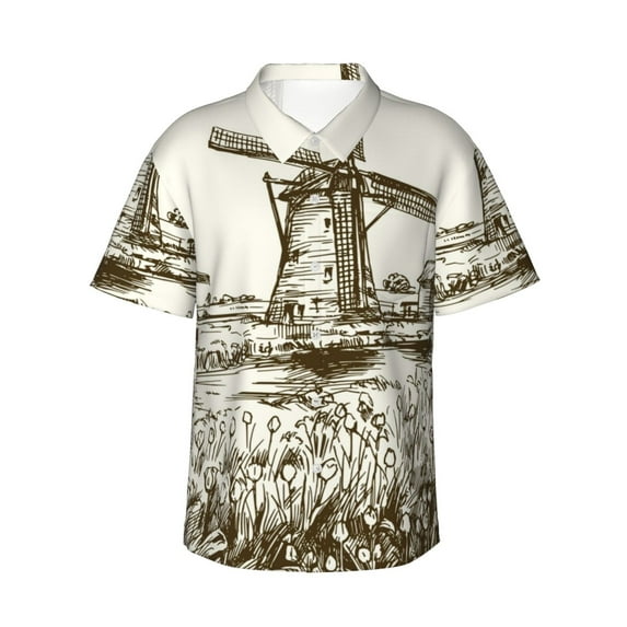 Cauagu Dutch Windmill Print Hawaiian Shirt for Men,Casual Short Sleeve Button Down Shirts Summer Beach Men's Regular-Fit Short-Sleeve Print Shirt -Small