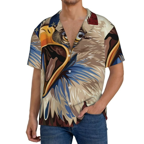 Cauagu Eagle With USA Flags Men's Short Sleeve Button Down Hawaiian Shirt for Men Bowling Shirts Casual Summer Beach Shirt,Large