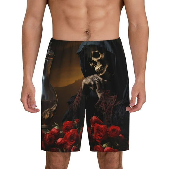 Cauagu Elegant Rose Skull Print Pajama Bottoms for Men Sleep Pajama Shorts Elastic Waistband Sleep Pajama Short Men's PJ Shorts -Large