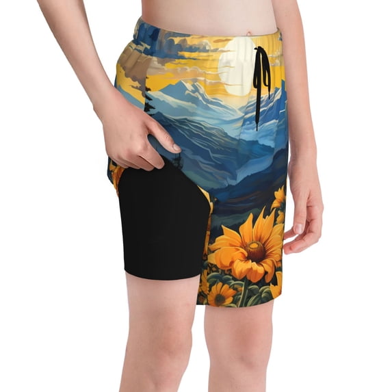 Cauagu Elegant Sunset Sunflower Print Swim Trunks for Men,Youth Boys Swim Shorts Compression Liner Beach Shorts Boys' Swimming Shorts 7-20 Years Bathing Suit-X-Large