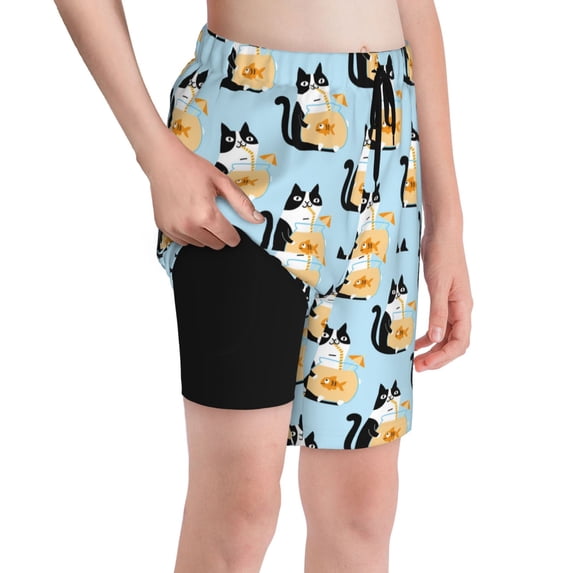 Cauagu FUNNY CAT IS DRINKING WATER Print Swim Trunks for Men,Youth Boys Swim Shorts Compression Liner Beach Shorts Boys' Swimming Shorts 7-20 Years Bathing Suit-Small