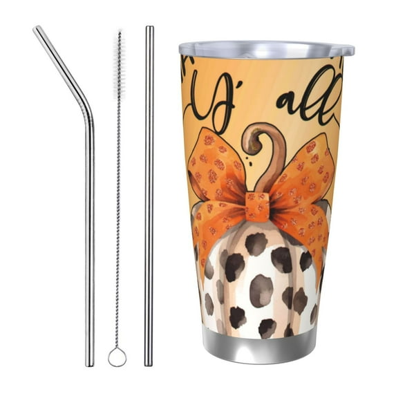 Cauagu Fall Farmhouse Pumpkins1 Pattern 20oz Tumbler,Stainless Steel Vacuum Insulated Tumbler with Lid Insulated Coffee Mug Thermal Cup with Splash Proof Sliding Lid-Straw Three-piece Set