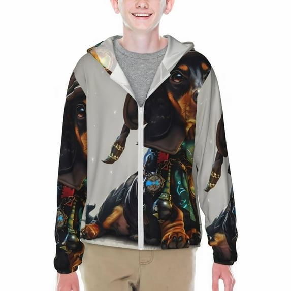 Cauagu Fantasy Wizard Dog Art Print Sun Protection Jacket for Teen,Full-Zipper Long Sleeve Sun Shirts with Pockets UV Hoodie Shirts Outdoor Athletic Jacket-Medium