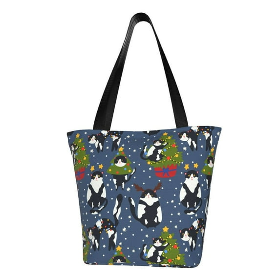 Cauagu Festive Cats and Trees Print Canvas Aesthetic Tote Bag for Women Beach Bag Shopping Bags Shoulder Bag Reusable Grocery Bags