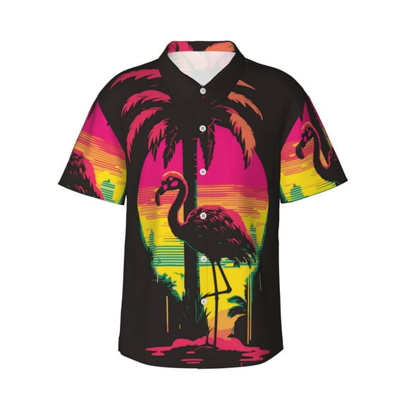 Cauagu Flamingo And Palm Trees At Sunset Print Hawaiian Shirt for Men,Casual Short Sleeve Button Down Shirts Summer Beach Men's Regular-Fit Short-Sleeve Print Shirt -X-Large