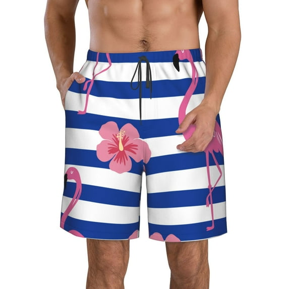 Cauagu Flamingo Print Men's Swim Trunks,Hawaiian Bathing Suit Swimsuits Beach Shorts with Pockets for Men Quick Dry Swimming Board Shorts-3X-Large