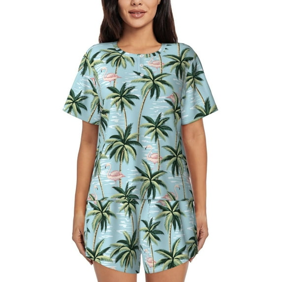Cauagu Flamingos And Palms for Women's Round Neck Pajama Set,Short-Sleeved Pajamas Soft Sleepwear Set Summer Pajamas Set Lounge Sets 2-Piece Pj-4X-Large