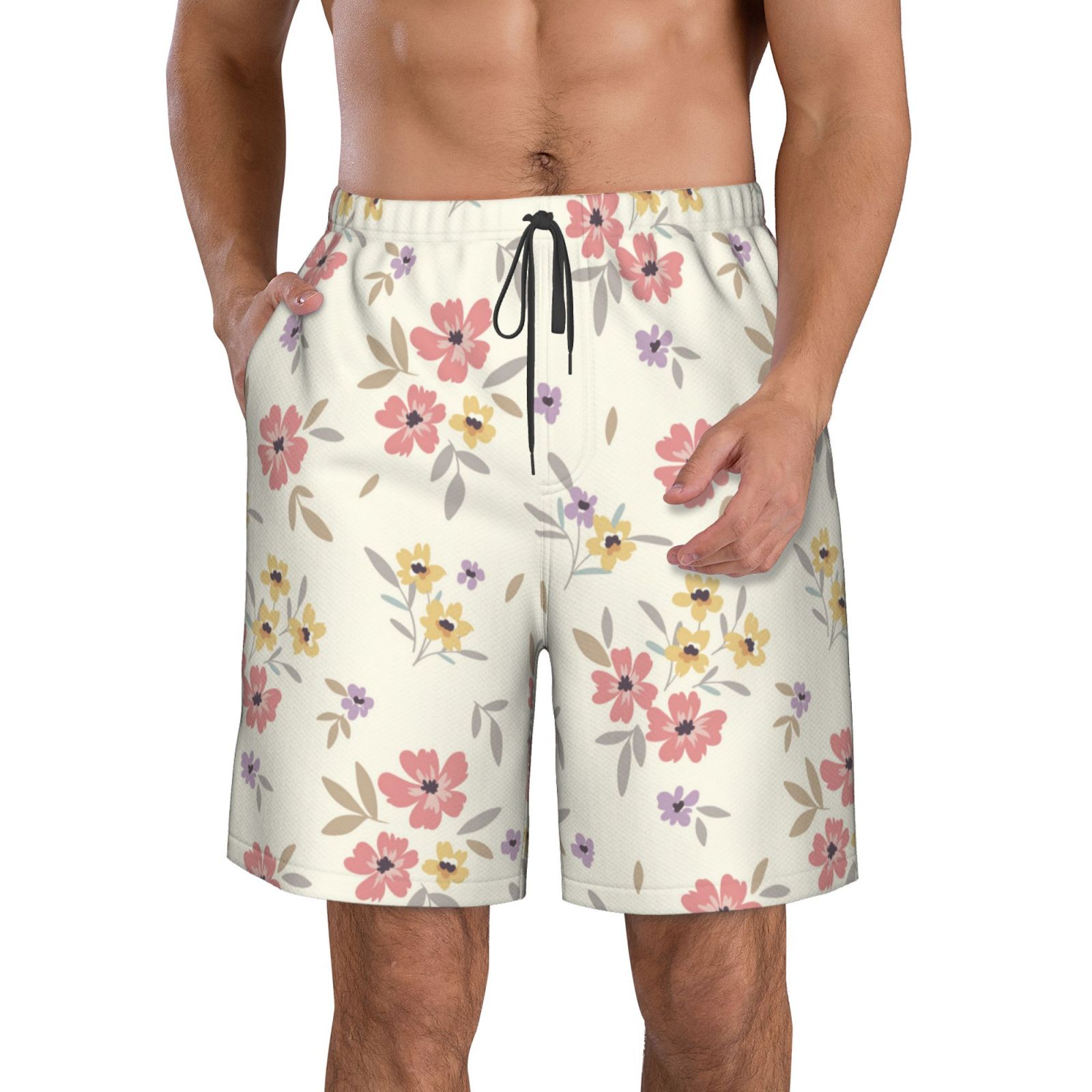 Cauagu Floral Print Men's Swim Trunks,Hawaiian Bathing Suit Swimsuits