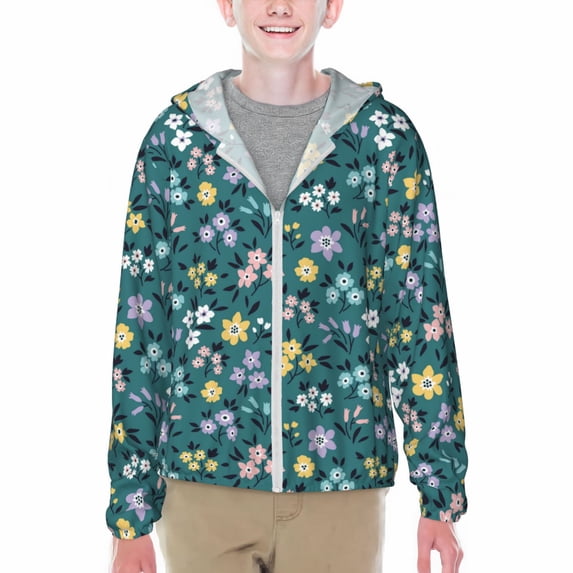 Cauagu Floral Print Sun Protection Jacket for Teen,Full-Zipper Long Sleeve Sun Shirts with Pockets UV Hoodie Shirts Outdoor Athletic Jacket-Medium