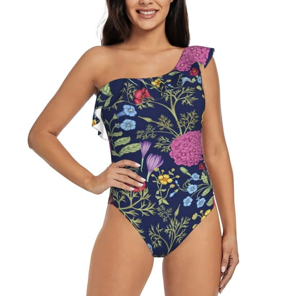 Cauagu Floral Print Women's Sexy One Piece Swimsuits One Shoulder Ruffle Tummy Control Bathing Suit Slimming Swimwear-XX-Large