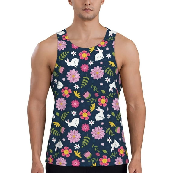 Cauagu Floral Rabbit Print Men's Sleeveless Muscle Shirts,Tank Tops Quick Dry Workout Tank Top Gym Muscle Tee Fitness Bodybuilding T Shirt for Men-X-Large