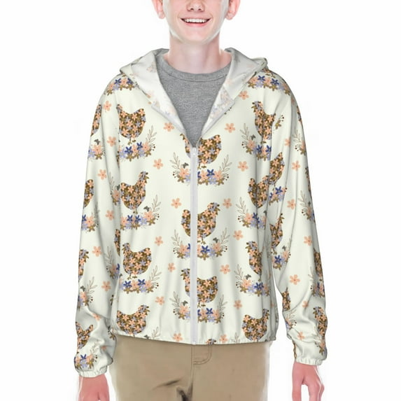 Cauagu Flower Chicken Print Sun Protection Jacket for Teen,Full-Zipper Long Sleeve Sun Shirts with Pockets UV Hoodie Shirts Outdoor Athletic Jacket-XX-Large
