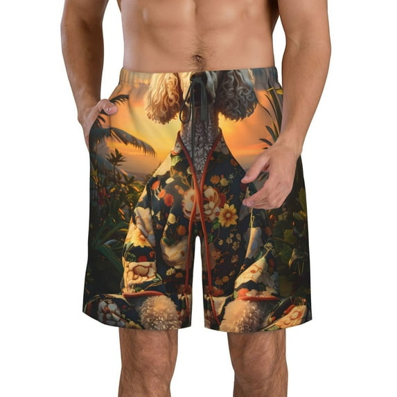 Cauagu Flower Field Poodle Print Men's Swim Trunks,Hawaiian Bathing Suit Swimsuits Beach Shorts with Pockets for Men Quick Dry Swimming Board Shorts-XX-Large