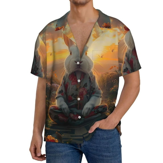 Cauagu Flower Meditating Rabbit Men's Short Sleeve Button Down Hawaiian Shirt for Men Bowling Shirts Casual Summer Beach Shirt,4X-Large
