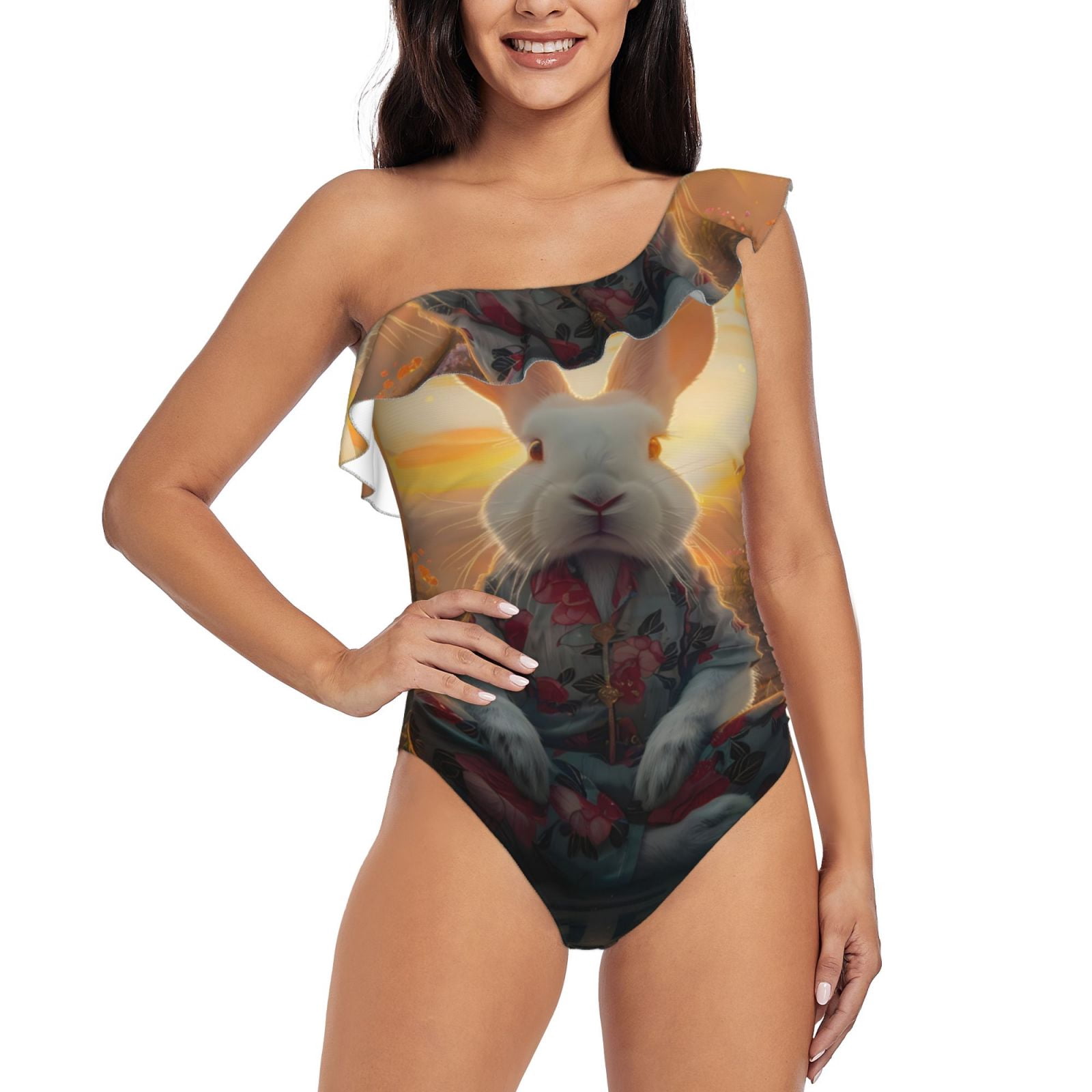 Cauagu Flower Meditating Rabbit Print Women's Sexy One Piece Swimsuits ...