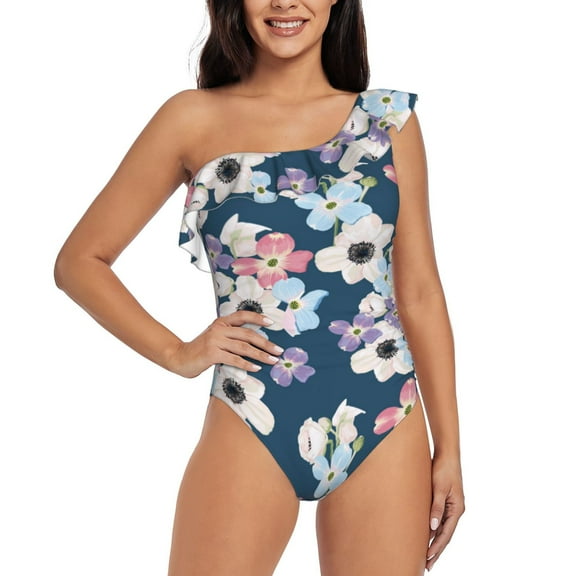 Cauagu Flowers Print Women's Sexy One Piece Swimsuits One Shoulder Ruffle Tummy Control Bathing Suit Slimming Swimwear-Large