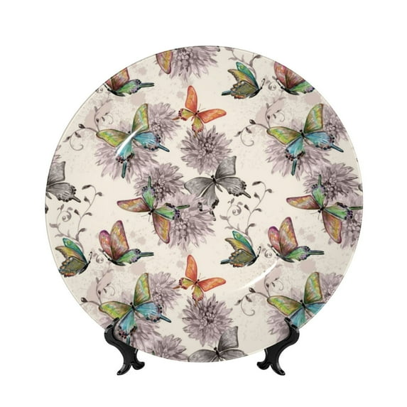 Cauagu Flying Butterflies-1 Print Bone China Decorative Plate, Wall Mount Plate Holiday Decor Decorative Ceramic Plates with Stand Elegant Household Plates Decorative-7in