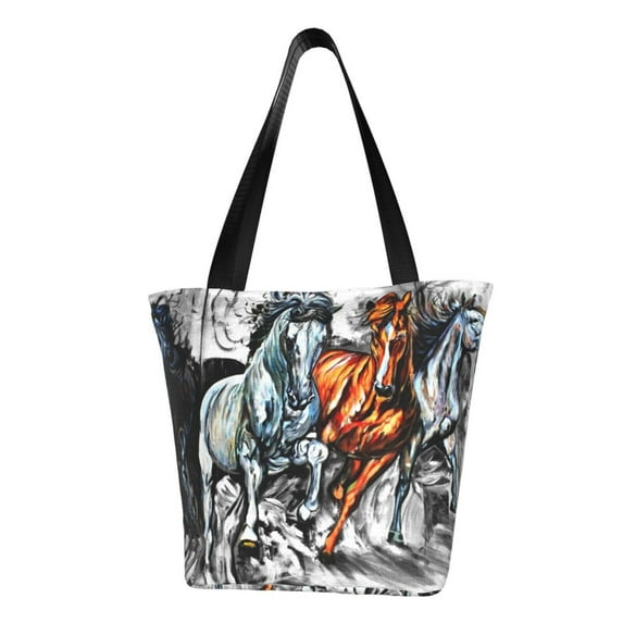 Cauagu Four Running Horses Print Canvas Aesthetic Tote Bag for Women Beach Bag Shopping Bags Shoulder Bag Reusable Grocery Bags