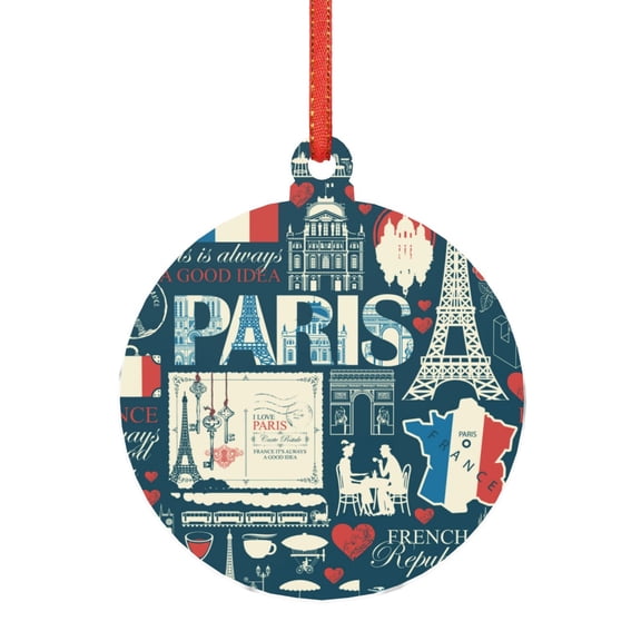 Cauagu France and Paris Pattern Acrylic Christmas Pendant,1-Pack Christmas Ornaments Xmas Tree Decor Christmas Décor with Ribbon Cute Tree Hanging for Party Favors-Round Shape