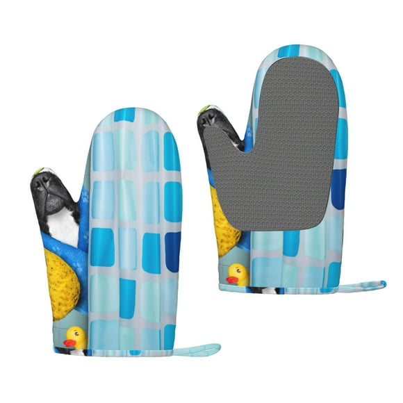 Cauagu French Bulldog Dog in a Bathtub Print Oven Mitts 2 Piece Set,BBQ Gloves Grilling Gloves Kitchen Silicone Oven Gloves Heat Resistant Oven Mitts for Barbecue Cooking & Baking