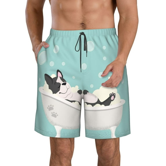 Cauagu French Bulldog Taking a Bath Print Men's Swim Trunks,Hawaiian Bathing Suit Swimsuits Beach Shorts with Pockets for Men Quick Dry Swimming Board Shorts-X-Large