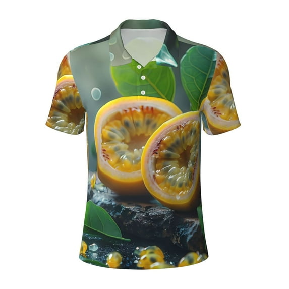 Cauagu Fresh Passion Fruit Still Life Print Men's Polo Shirts, Short-Sleeve Polo Shirts for Men Performance Golf Shirt Athletic Casual Collared T-Shirt-Large