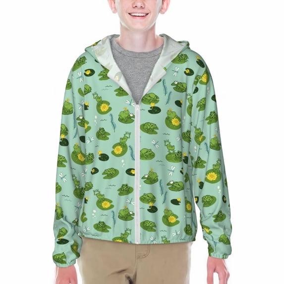 Cauagu Froggs In The Lake Print Sun Protection Jacket for Teen,Full-Zipper Long Sleeve Sun Shirts with Pockets UV Hoodie Shirts Outdoor Athletic Jacket-Large