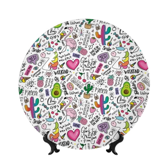 Cauagu Fun Animal with Unicorn Print Bone China Decorative Plate, Wall Mount Plate Holiday Decor Decorative Ceramic Plates with Stand Elegant Household Plates Decorative-7in