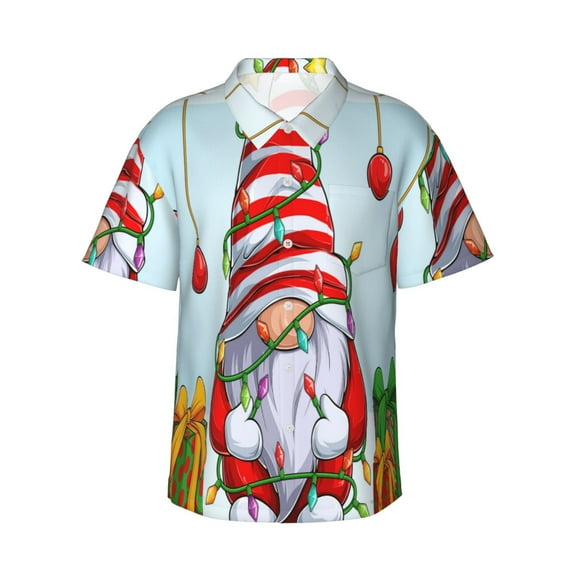 Cauagu Funny Christmas Gnome Print Hawaiian Shirt for Men,Casual Short Sleeve Button Down Shirts Summer Beach Men's Regular-Fit Short-Sleeve Print Shirt -Large