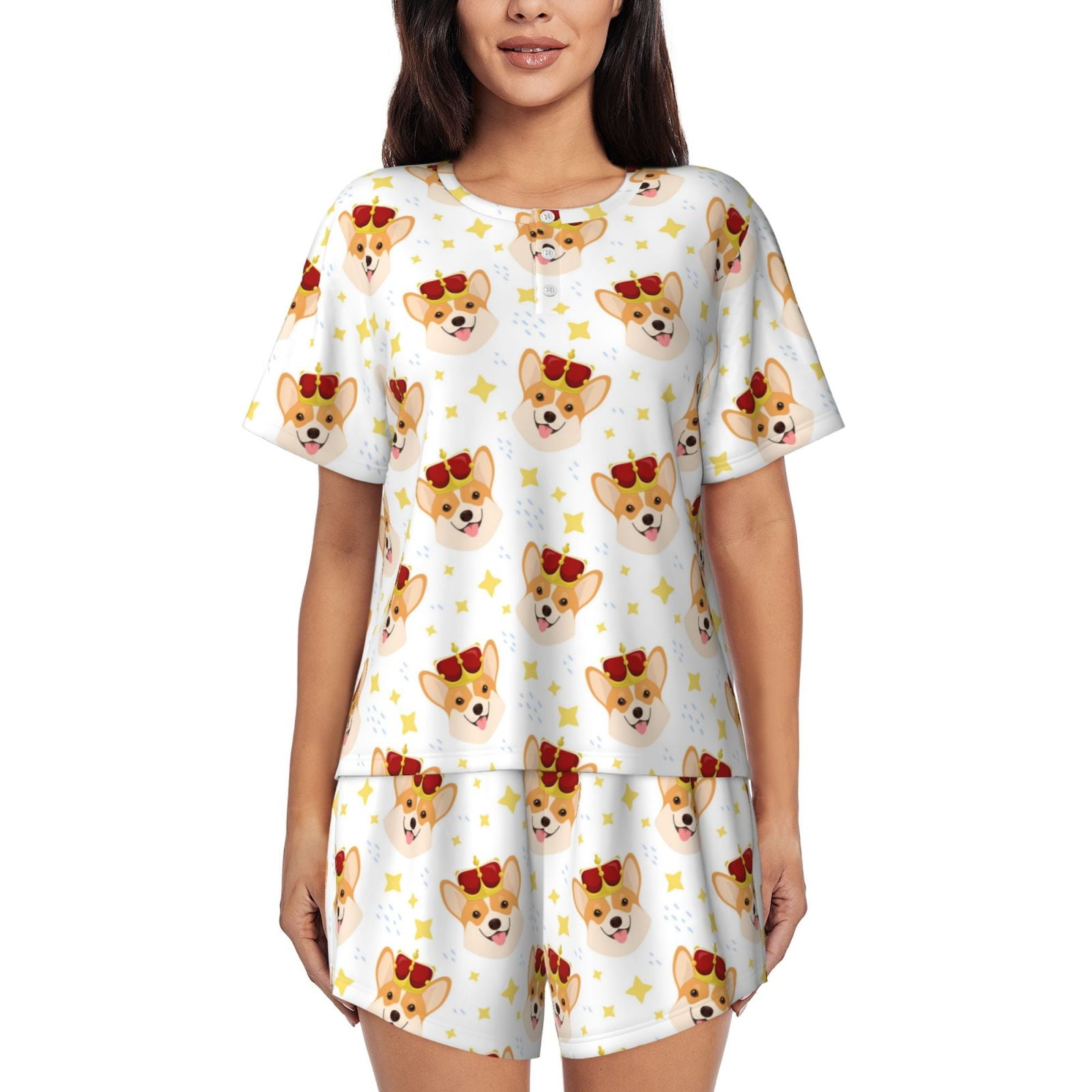 Cauagu Funny Corgi for Women's Round Neck Pajama Set,Short-Sleeved ...