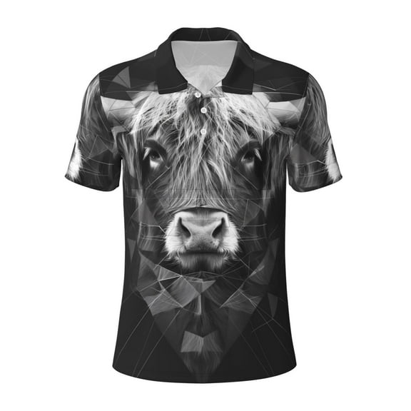 Cauagu Geometric Bull Design Print Men's Polo Shirts, Short-Sleeve Polo Shirts for Men Performance Golf Shirt Athletic Casual Collared T-Shirt-Small