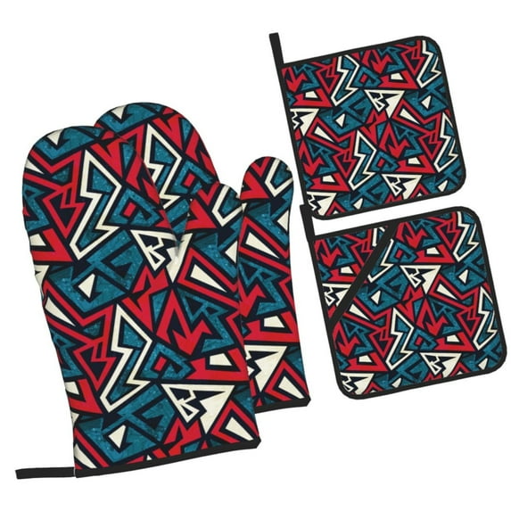 Cauagu Geometric Elements Print Oven Mitts and Pot Holders 4 pcs Set,Extra Thicken Long Kitchen Oven Glove Potholders BBQ Gloves-Oven Mitts and Pot Holders(11 Inch)